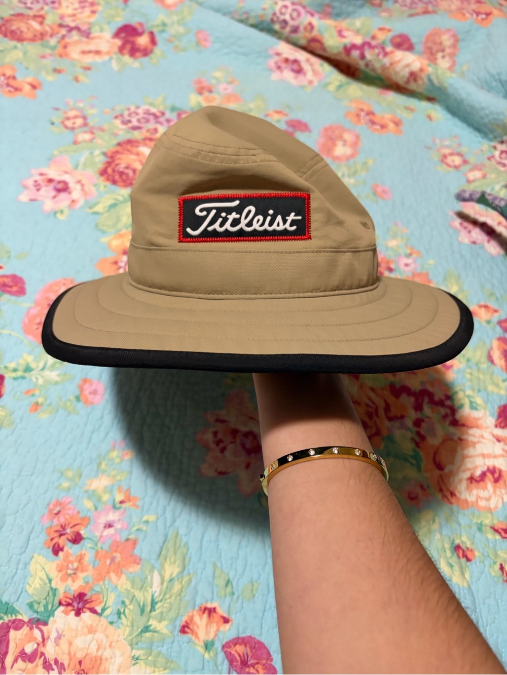 Titleist Tan Boonie Hat with Black Trim and Red Logo Accent